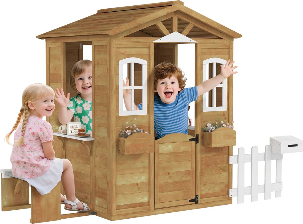 Outsunny Tömörfa Gyermek Játszóház, Kerti Játszóház Ablakokkal, Kerítéssel, Virágládával és Padokkal, 205x119x140 cm, Természetes Fa és Fehér | Aosom