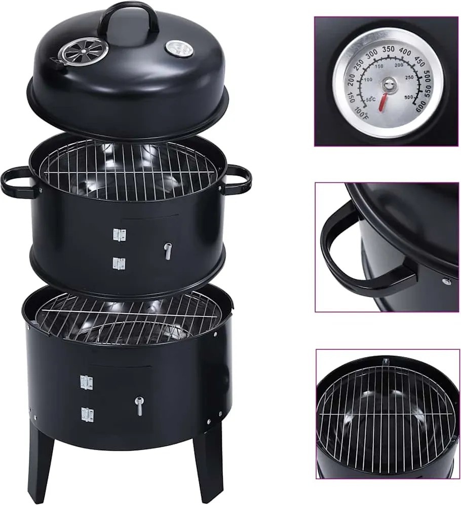 vidaXL 3 az 1-ben faszenes füstölő grillsütő 40 x 80 cm