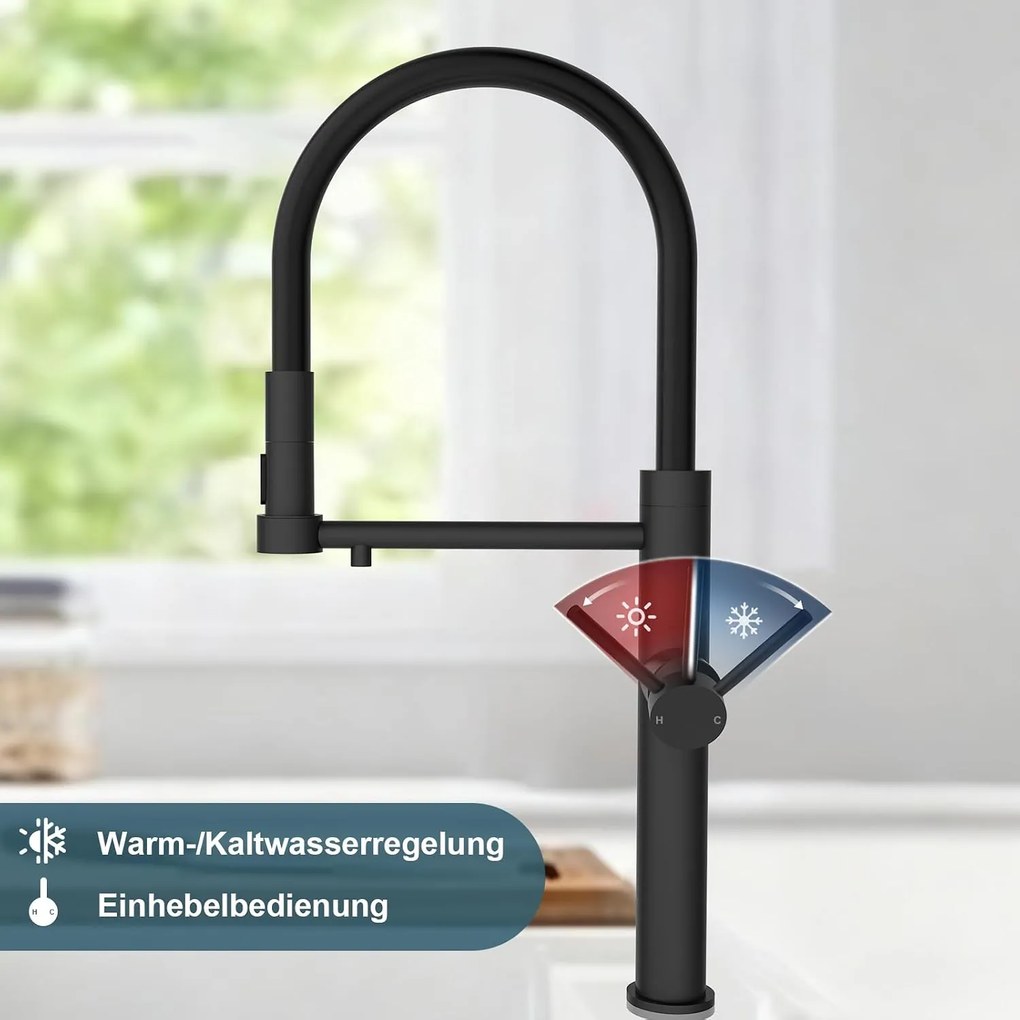 Mosogatócsaptelep ELITE EDITION KF1730 kihúzható zuhanyfejjel, szűrtvíz-kivezetéssel, több színben — Fekete