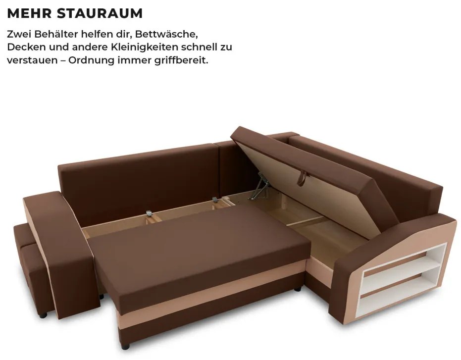 Grande sarokkanapé polcokkal és puffokkal , polc a jobb karfaban puffok a bal karfaban, jobboldali, szövet anyag, bonell töltet, barna