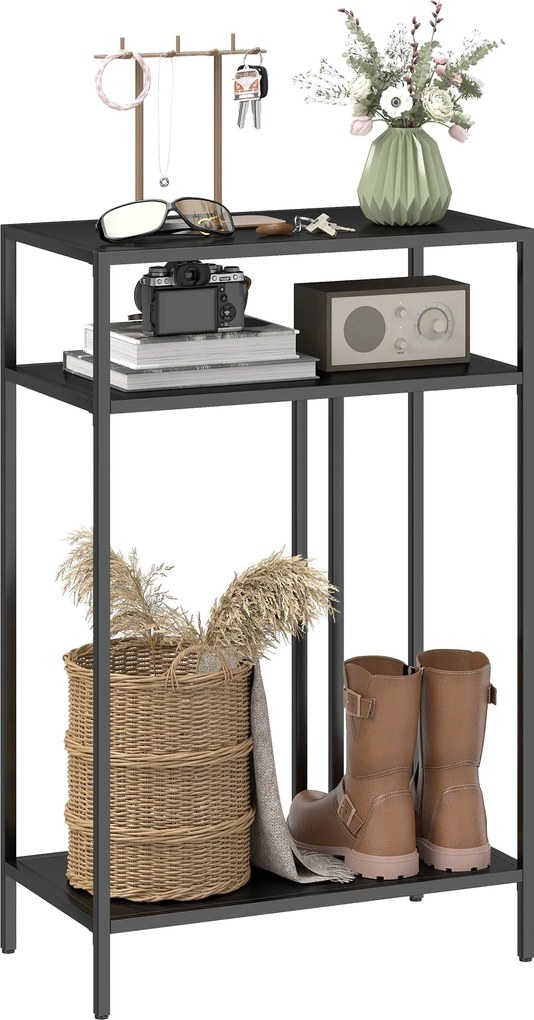 HOMCOM keskeny, 3 polcos konzolasztal — ipari fém asztal nappaliba és előszobába, 55 x 30 x 85 cm, fekete | Aosom