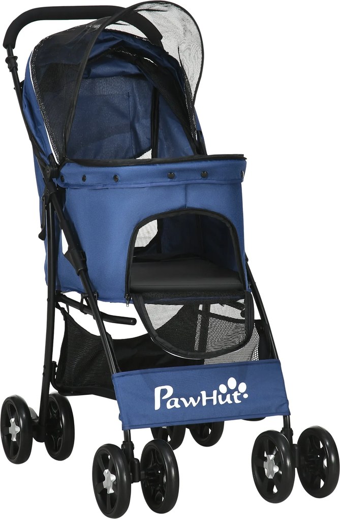 PawHut Összecsukható Kutya Babakocsi Kis Kutyák számára Kosárral, Állítható Napernyő, Rács Ablak és 2 Univerzális Kerék, Terhelhetőség 15 kg, 81x48x99