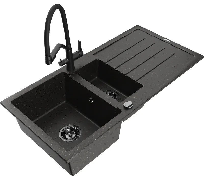 Mexen Andres 1,5 medencés gránit mosogató lefolyóval és konyhai csappal Duo, fekete/arany metál - 6515-75-671701-70-B