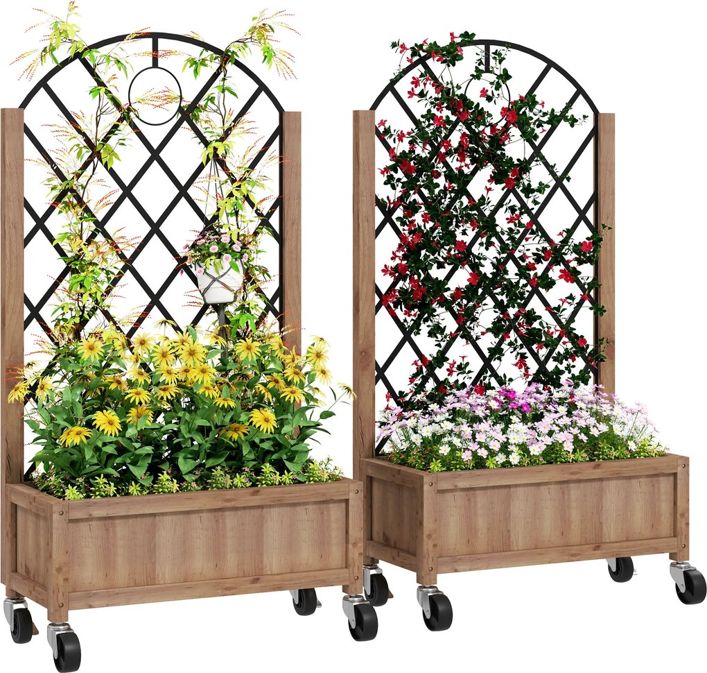 Outsunny 2 darabos Kertető Ágyás Kerekekkel, Rács, Espalier Virágcserép Fa Virágládával, Kert Espalier 52x25x97 cm Balkon Teraszon, Virágcserép Mászó