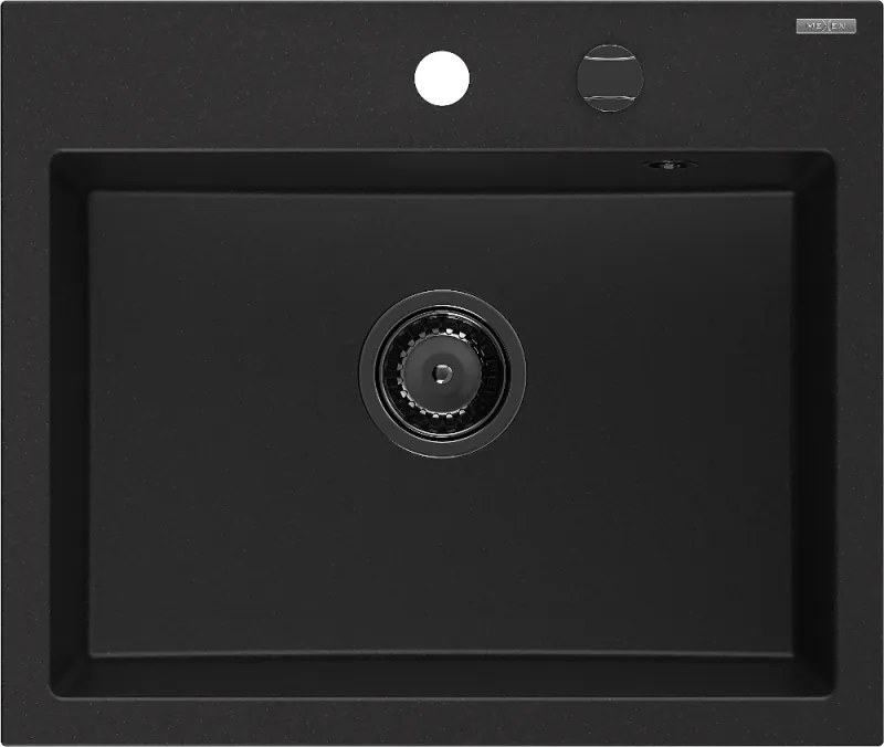 Mexen Oscar egymedencés gránit mosogató 580 x 490 mm, fekete, fekete szifon - 6519581000-77-B