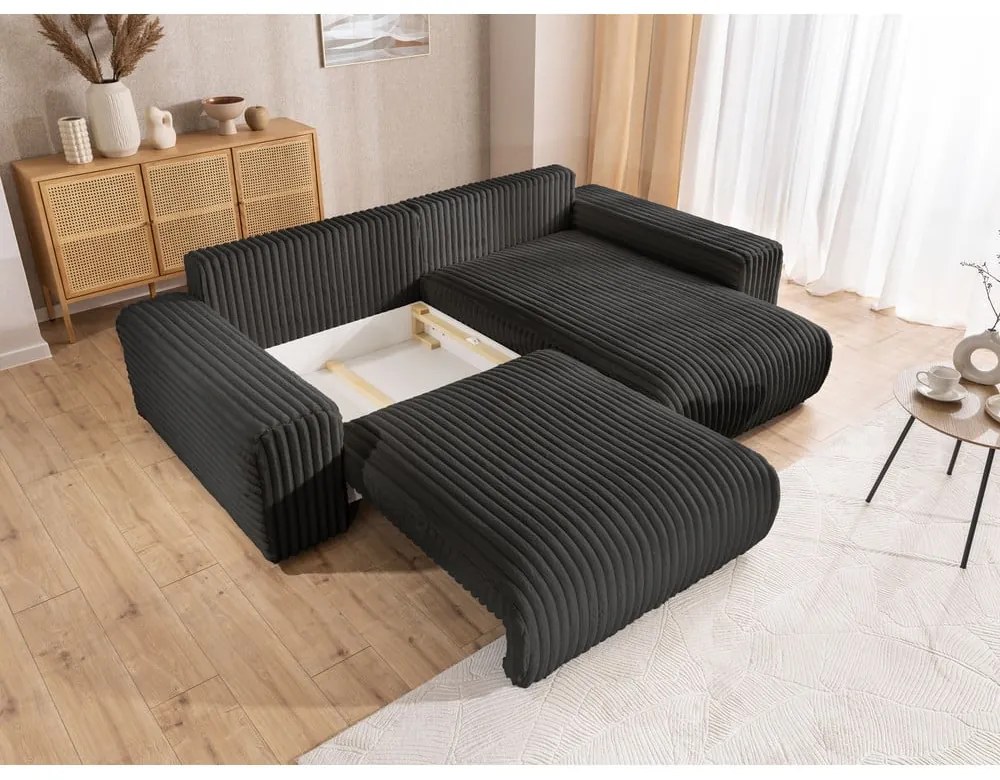 Sötétszürke kordbársony kinyitható-tárolóhelyes sarokkanapé (jobb oldali) Sarina – Ropez