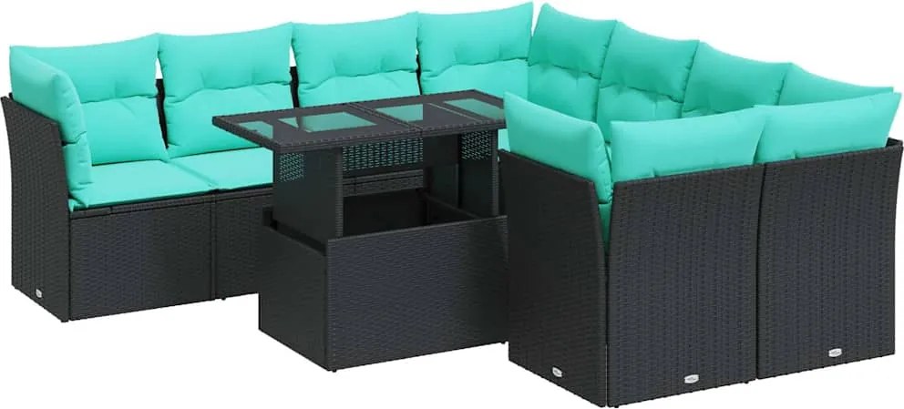 vidaXL 9 részes fekete polyrattan akácfa kerti ülőgarnitúra párnákkal
