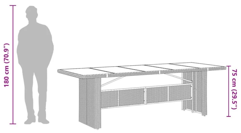 barna polyrattan üveglapos kerti asztal 240 x 90 x 75 cm
