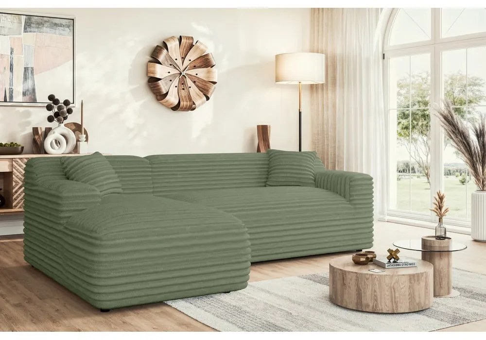 Zöld kordbársony sarokkanapé (bal oldali-heverő résszel) Martin – Ropez