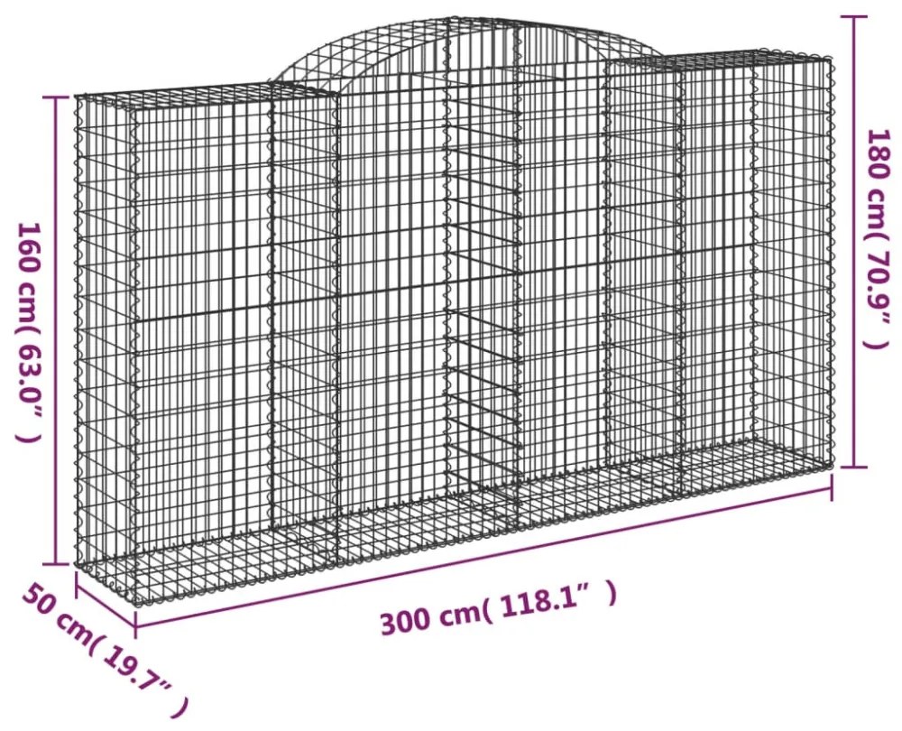 5 db íves horganyzott vas gabion kosár 300x50x160/180 cm