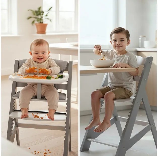Etetőszék gyerekeknek 4 az 1-ben kivehető és mosható tálca, 3 pontos biztonsági öv, szürke