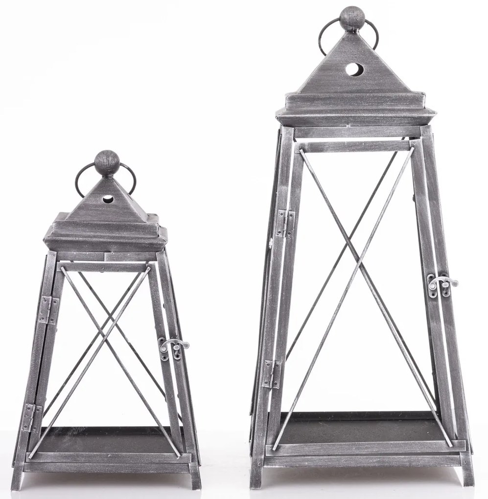 Vintage szürke szögletes 2db-os áttört fém lámpás lantern szett fogantyúval 37,5x21x21 / 55x25x25cm