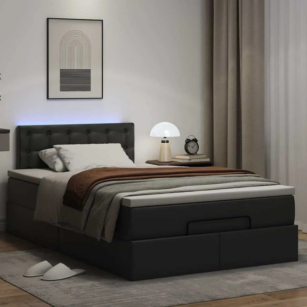 fekete műbőr ottomán ágy matracokkal &amp; LED-ek 120x190 cm