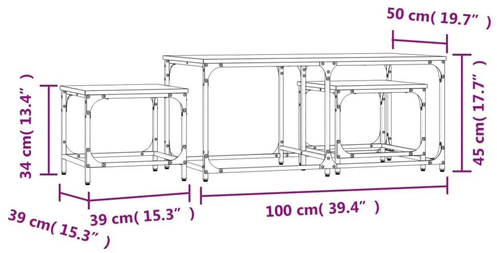 vidaXL 3 db barna tölgyszínű szerelt fa rakásolható dohányzóasztal