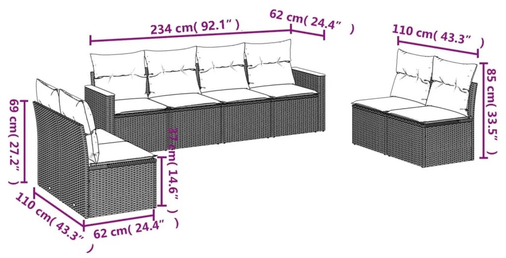 8 részes fekete polyrattan kerti ülőgarnitúra párnákkal