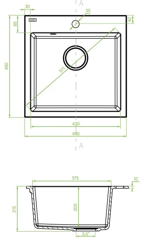 Laveo Alena, 1 kamrás gránit mosogató 490x490x215 mm, szürke, LAV-SBA_510T