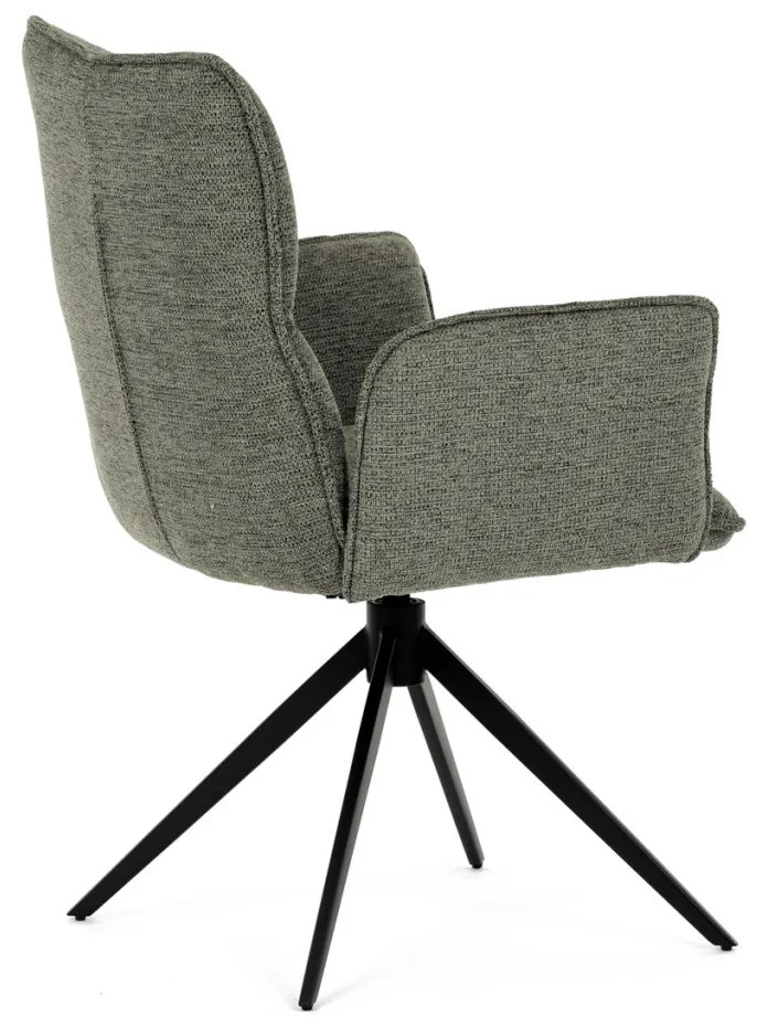 Scaun de dining rotativ, tapițat cu material textil verde, mecanism rotativ 360°, picioare metalice negre