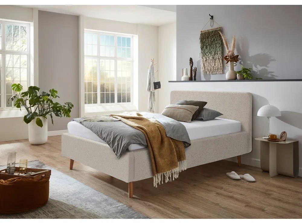 Bézs kárpitozott ágyneműtartós franciaágy ágyráccsal 140x200 cm Mattis – Meise Möbel