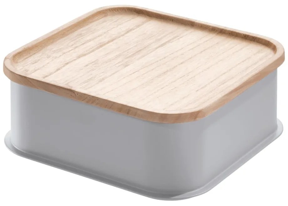 Eco szürke tárolódoboz paulownia fa fedéllel, 21,3 x 21,3 cm - iDesign