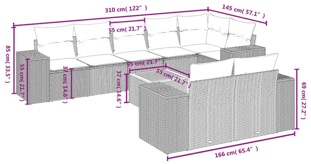 9 részes fekete polyrattan kerti ülőgarnitúra párnákkal