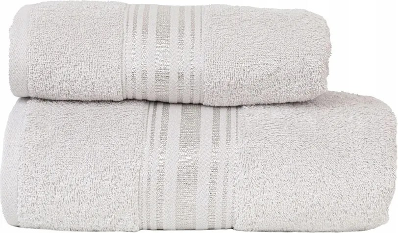 Puha, szürke fürdőlepedő 70x140 cm, ezüst bordűrrel, 100% pamut