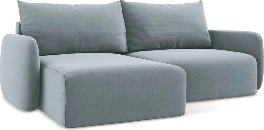 Kék bársony kinyitható-tárolóhelyes sarokkanapé (bal oldali-heverő résszel) Kalena – Makamii