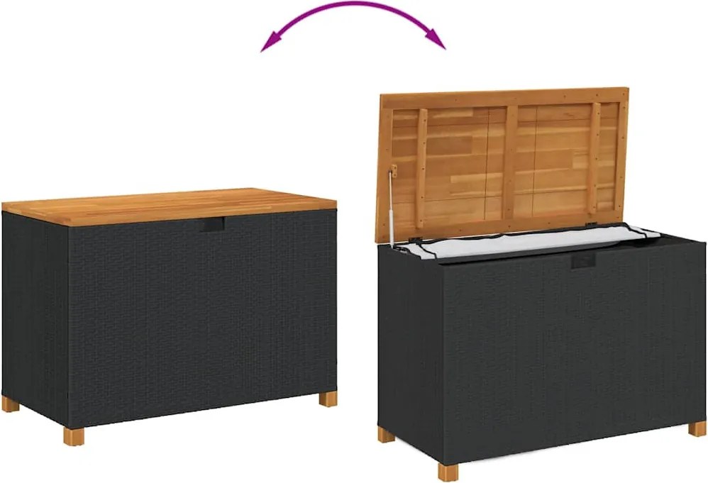 Fekete Polyrattan És Akácfa Kerti Tárolóláda 110 X 55 X 63 Cm