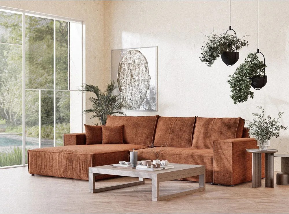 Rézszínű zsenília kinyitható-tárolóhelyes sarokkanapé (bal oldali-heverő résszel) Maze – Maison de Rêve