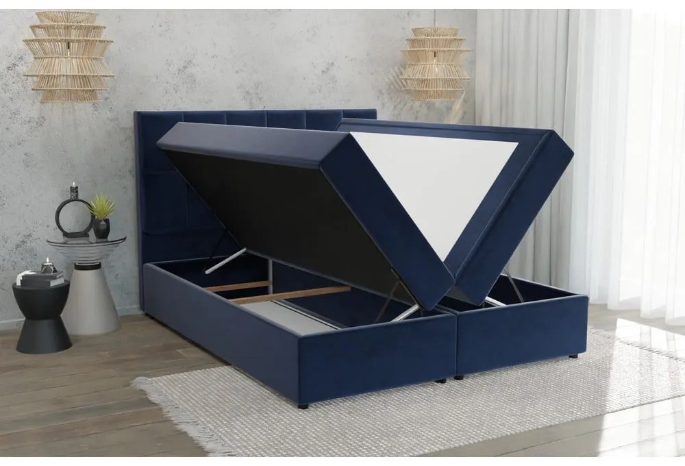 Sötétkék ágyneműtartós boxspring ágy 180x200 cm Flip – Ropez