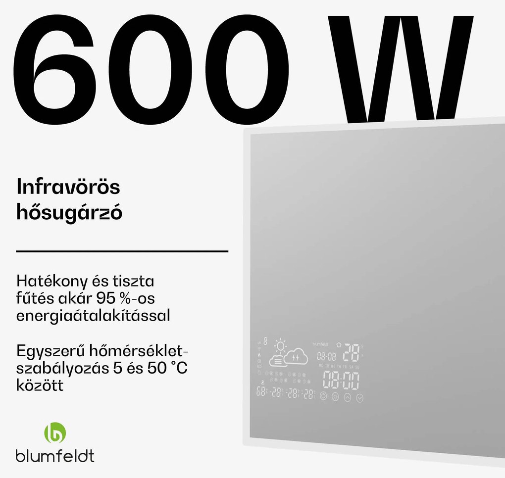 Blumfeldt Infravörös fűtőtest, Smart Mirror, Infravörös sugárzás, 600 W, IP44
