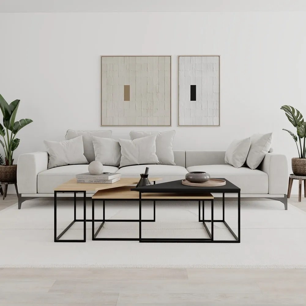 Natúr színű dohányzóasztal szett tölgyfa dekoros asztallappal, 3 db-os 70x110 cm Titan – Marckeric