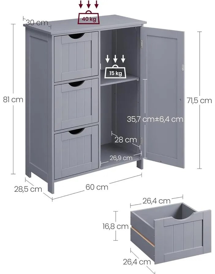Fürdőszobai szekrény, komód, 3 fiókkal, Állítható polc, 30 x 60 x 81 cm, szürke