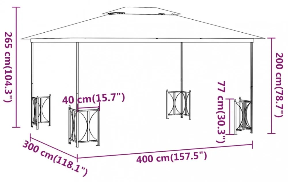 tópszínű pavilon oldalfalakkal és dupla tetővel 3x4 m