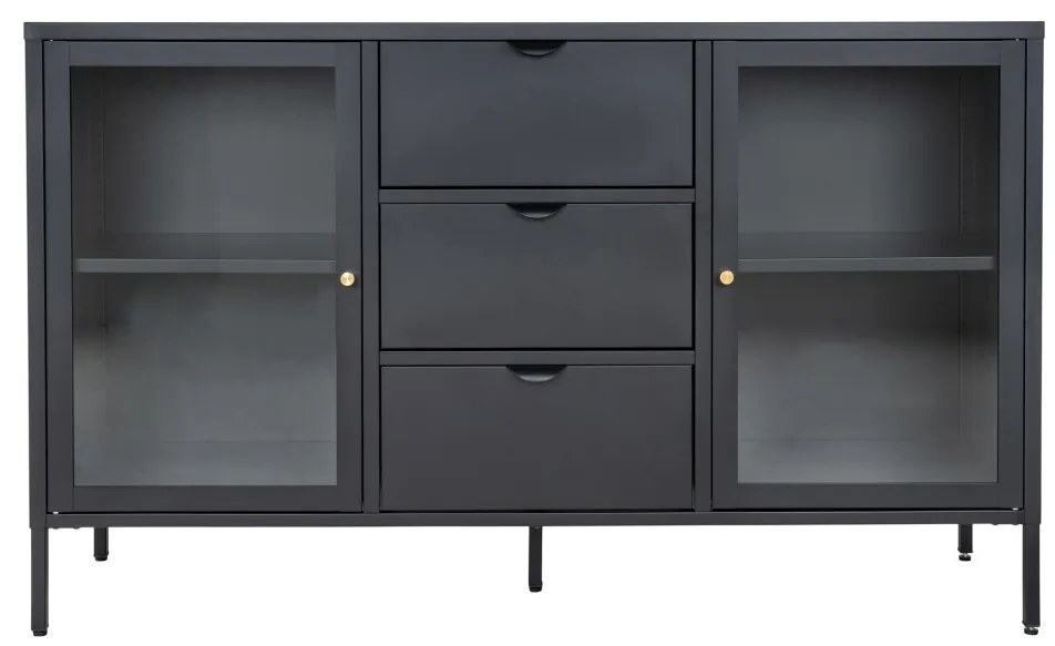 Dalby vitrines komód, 2 ajtó, 3 fiók, acél, fekete 140x40x85 cm