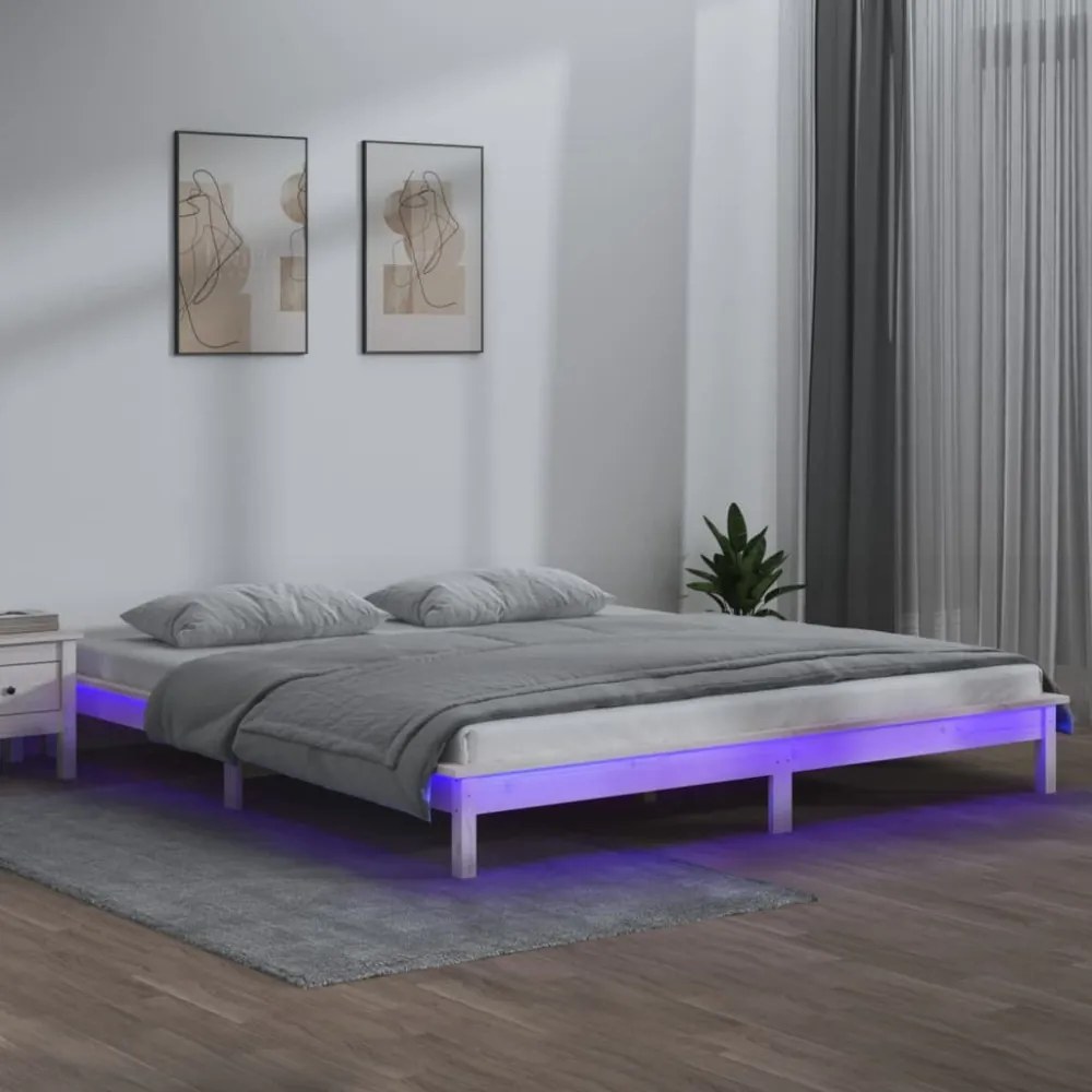 fehér tömör fa ágykeret LED-világítással 120 x 200 cm