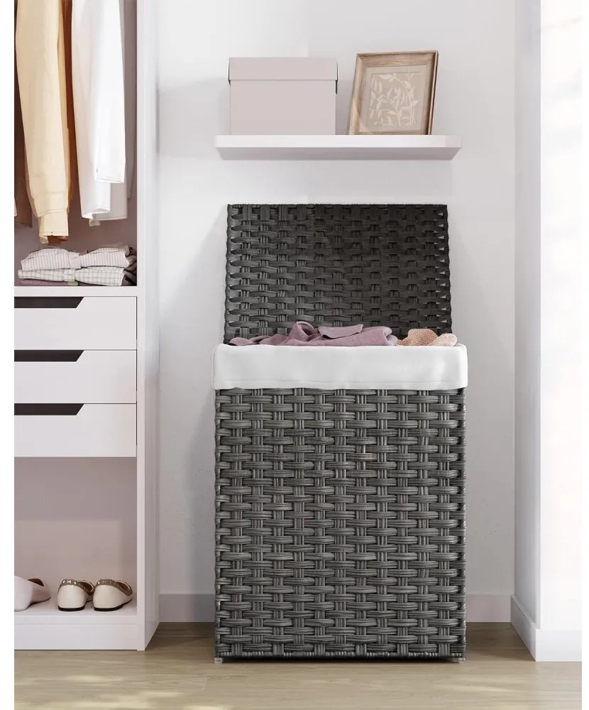 Kézzel fonott rattan szennyeskosár, összecsukható, kivehető zsákkal 90L, szürke
