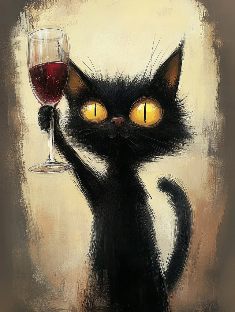 Vászonkép Canvas Konyha Bár Fekete Macska Bor Pohár Toast 75x100