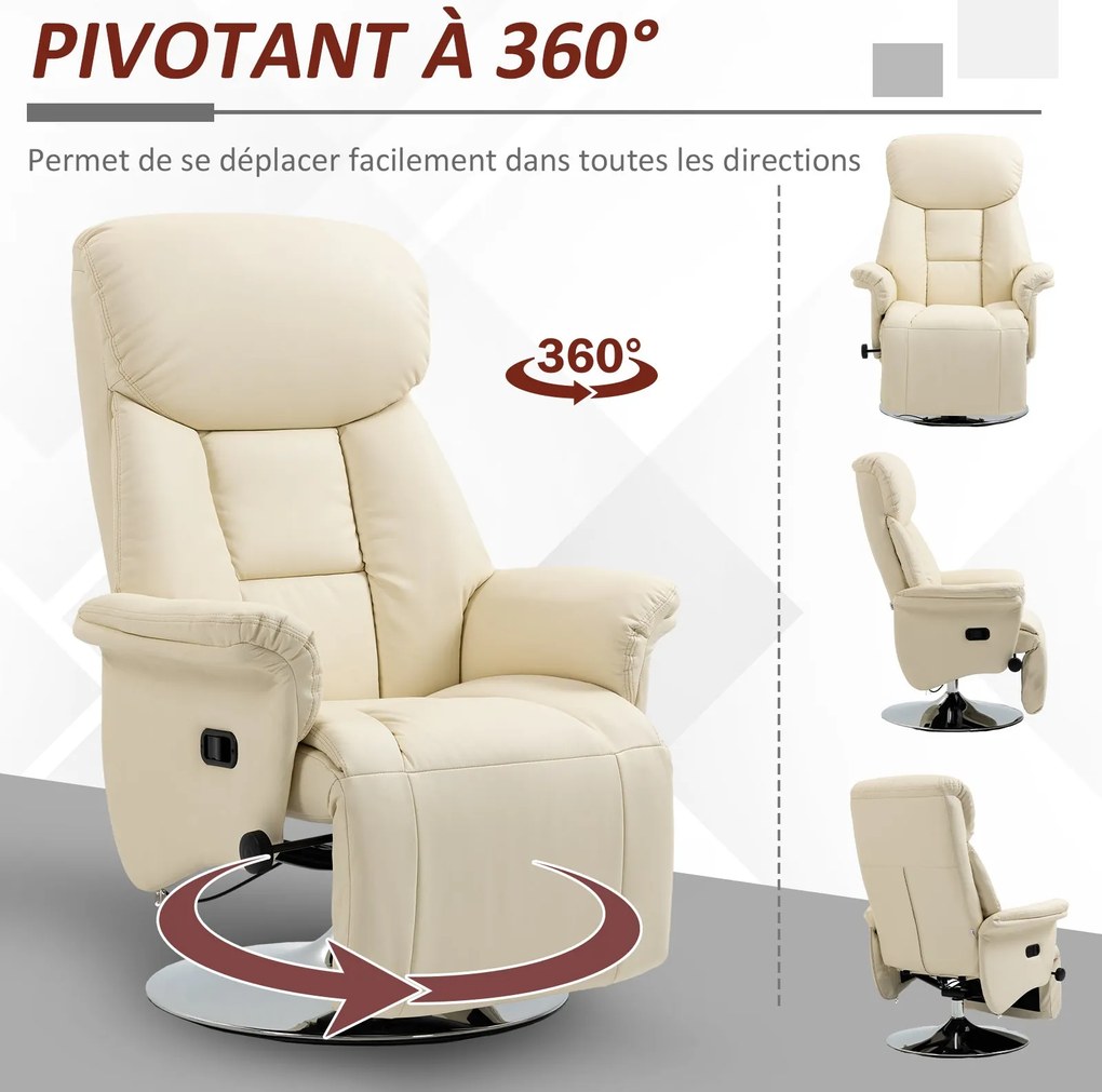 HOMCOM Relaxációs Szék - Dönthető Lounge Szék Forgó Állítható Lábágy és Karfák, TV Szék Műbőr Kárpitozással, 150 kg-ig, Nappaliba, Hálószobába, Otthon