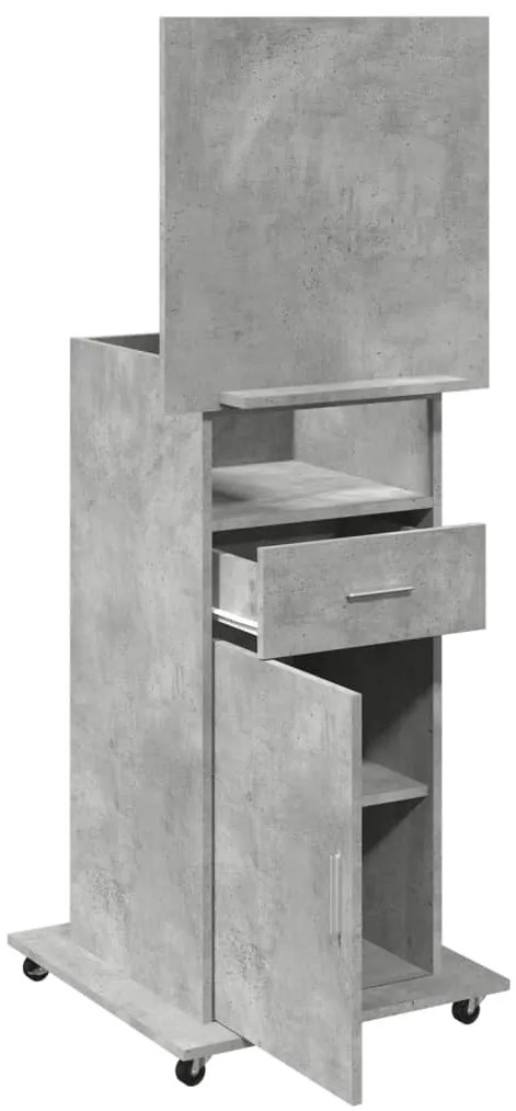 betonszürke szerelt fa állópult kerékkel és fiókkal 55x55x107cm
