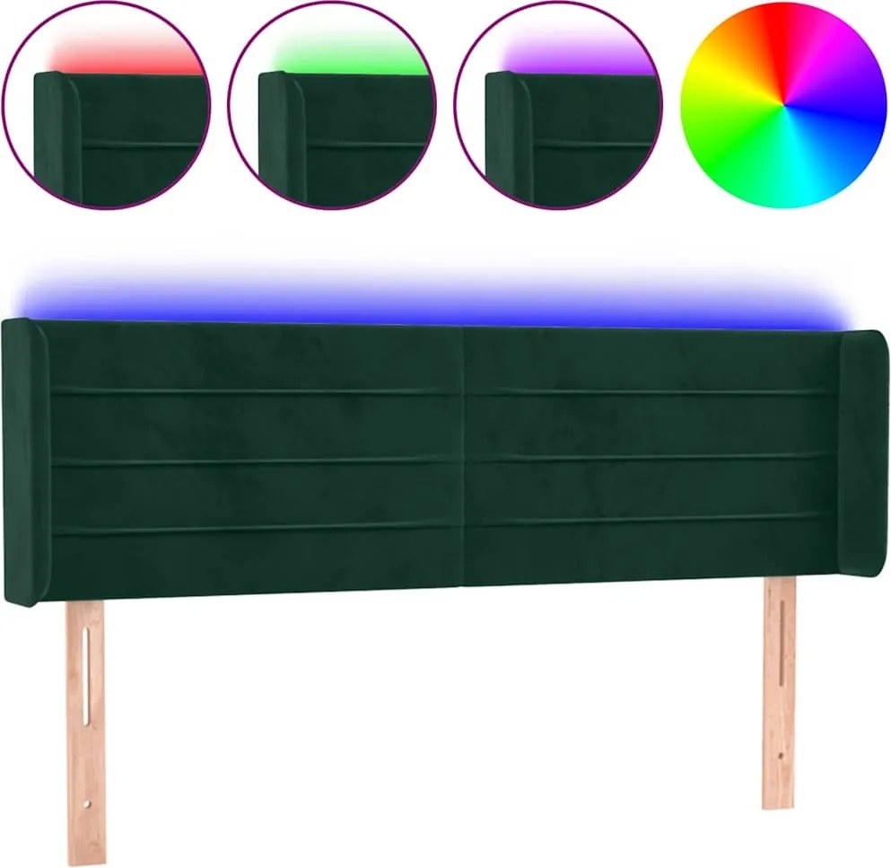 vidaXL sötétzöld bársony LED-es fejtámla 147 x 16 x 78/88 cm