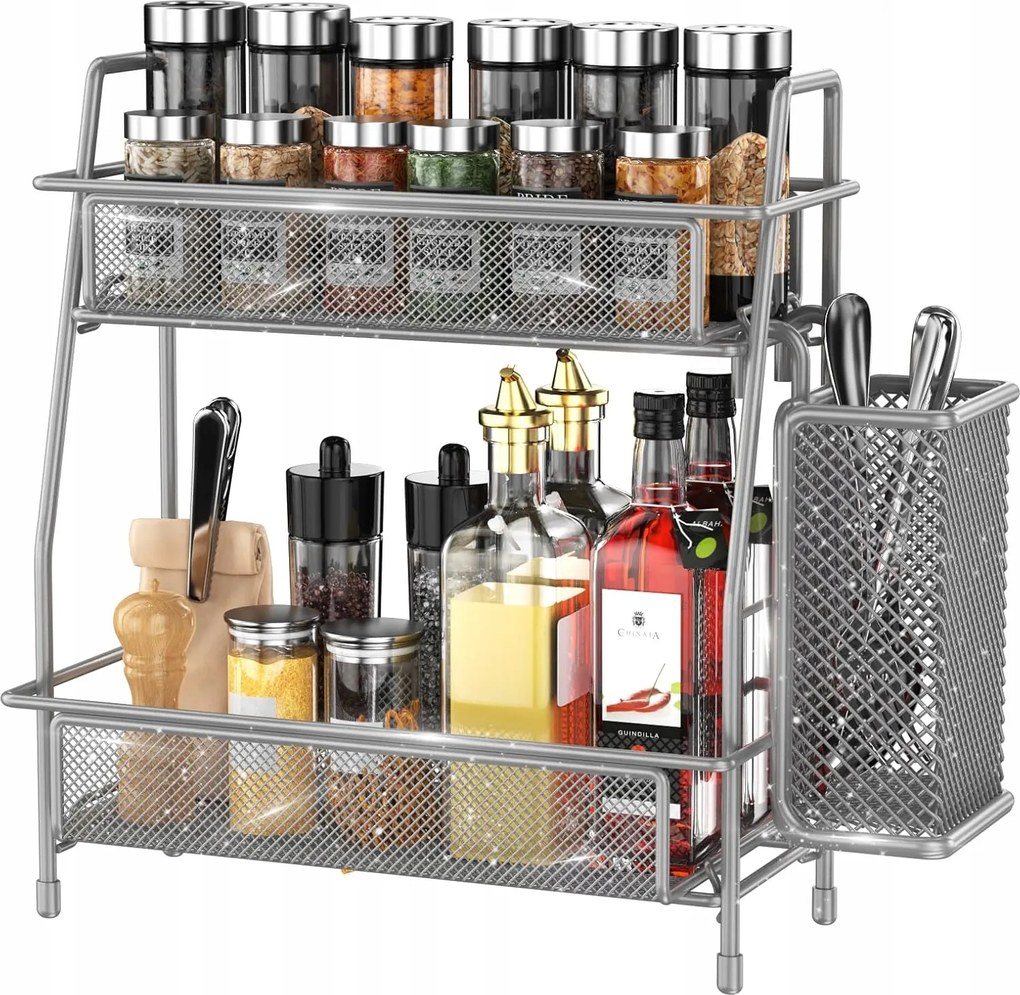 Konyhai fűszertartó polc fém rendszerező 2 szintes szürke könyvespolc