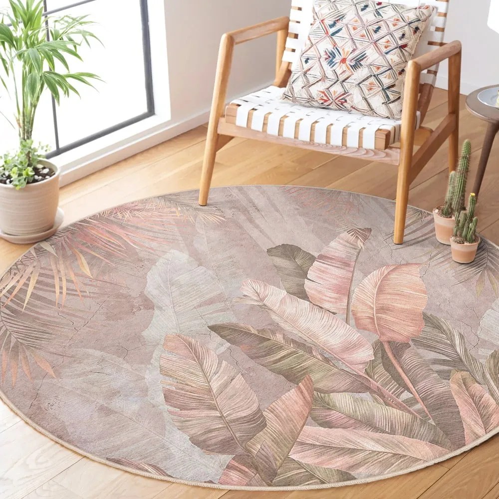 Világos rózsaszín mosható kerek szőnyeg ø 150 cm Dusty Leaves – Mila Home