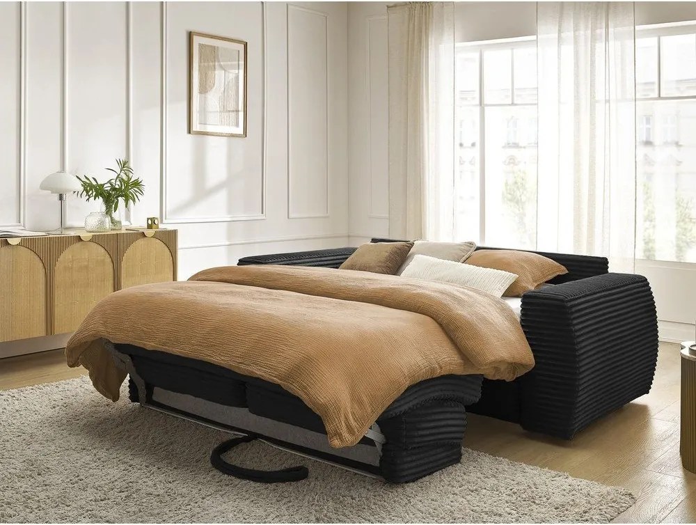 Fekete kordbársony kinyitható kanapé mindennapos alvásra 220 cm Hugo – Bobochic Paris