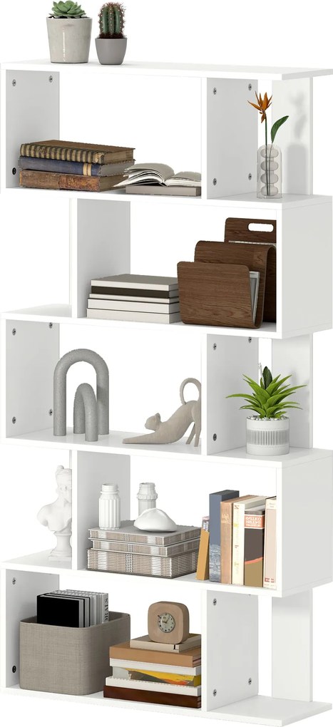 HOMCOM Aszimmetrikus Könyvespolc 5 Szinttel és 10 Nyitott Polccal, Modern Chipboard Könyvespolc, 80x24x159 cm, Fehér | Aosom