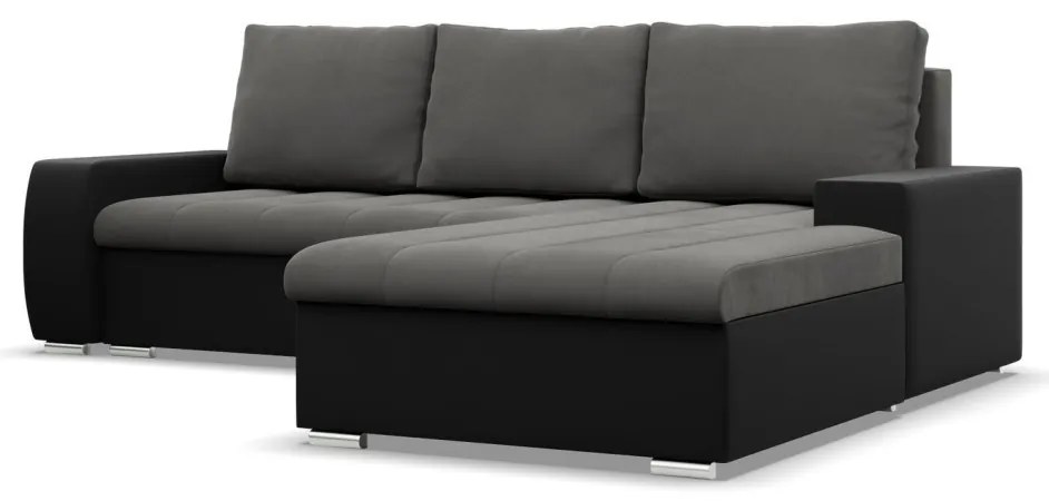 Toronto sarokkanapé, 2 ágyneműtartóval, bársony + műbőr, jobboldali, szürke - fekete