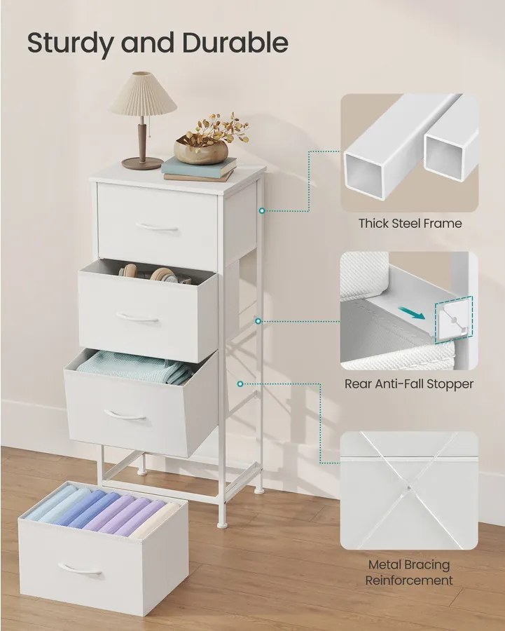 BELLAH kollekció - Modern komód, tárolószekrény 4 fiókkal, felhőfehér és hófehér