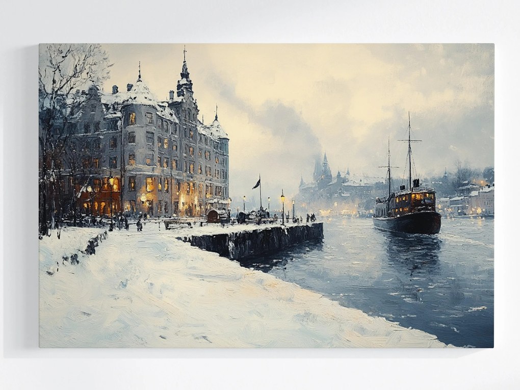 Vászonkép Canvas Város Kikötő Vízpart Hajó Tél Hó Fagy 120x80