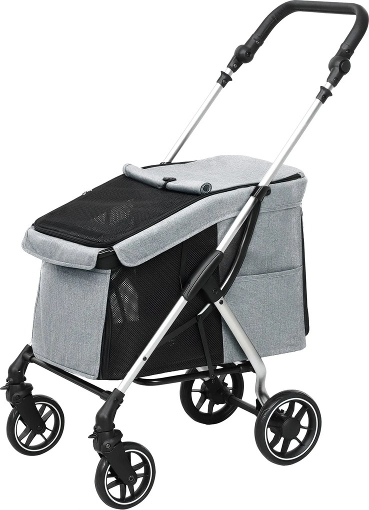 PawHut Összecsukható Kutyakocsi Kicsi Kutyák Számára Univerzális Kerekekkel Alumínium Váz Biztonsági Pánttal Mosható Párna és Hálóablakok 80x48.5x106