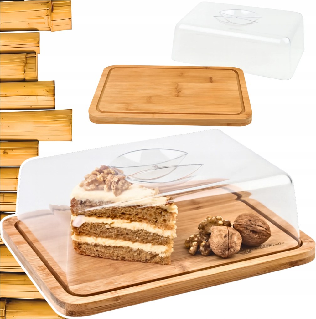 Nagy, Tömör Bambusz Vágódeszka Szagszigetelő Búrával, 24 Cm-es Téglalap Alakú