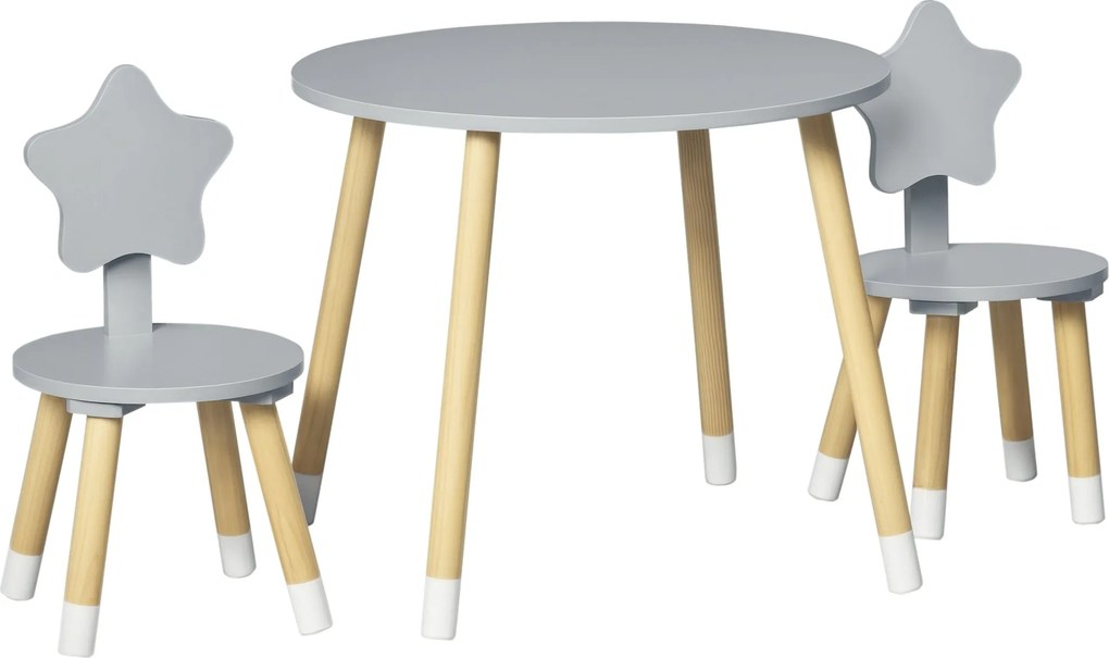 HOMCOM Gyerekfa Asztal és 2 Szék Szett Kerek Asztallal Ø59x50 cm és Székek Ø28x51 cm Gyerekbútordarab Játszószoba és Hálószoba Szürke | Aosom